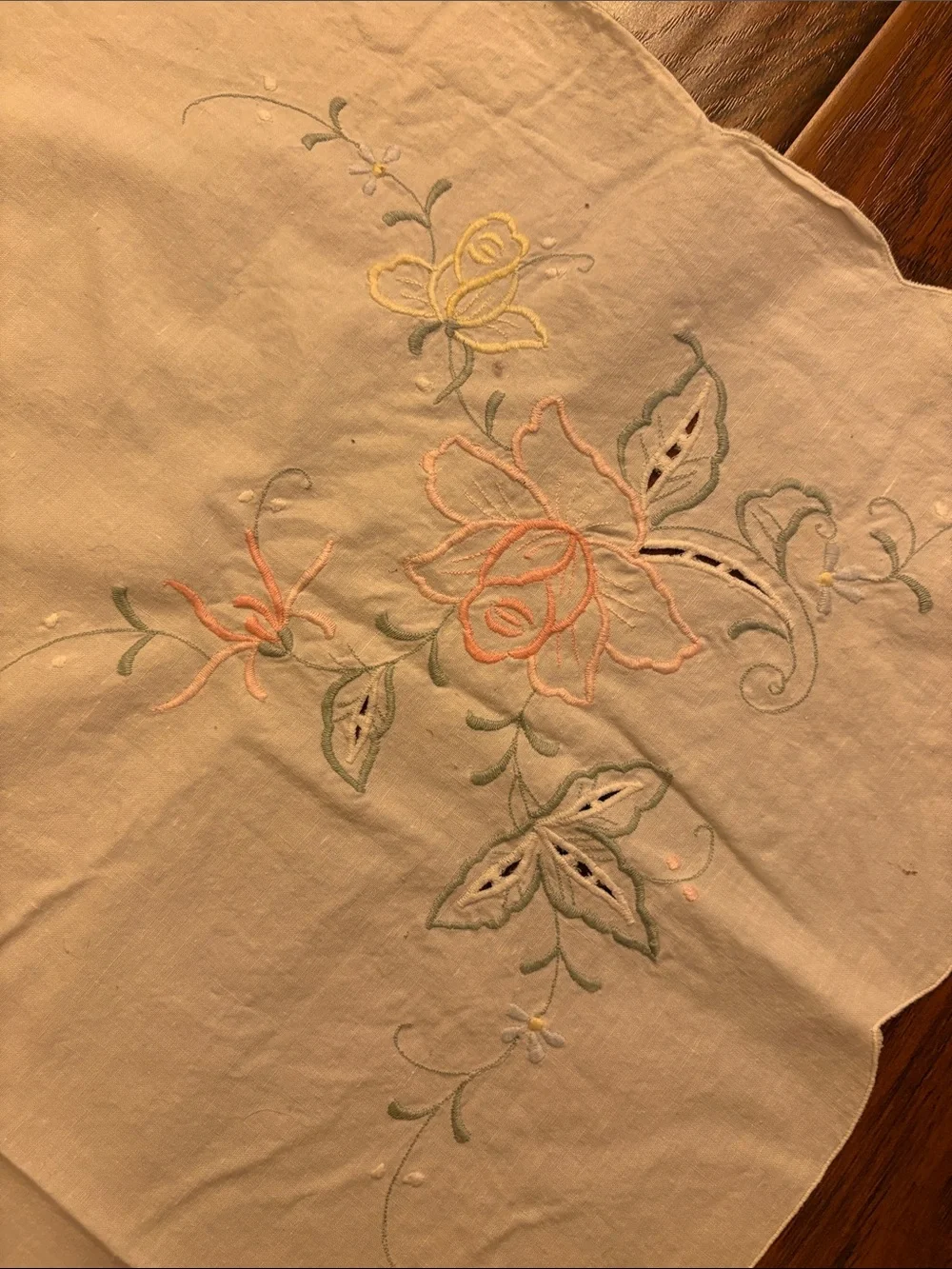 Vintage Embroidered Tablecloth with Pastel Floral Accents - 81”x60”